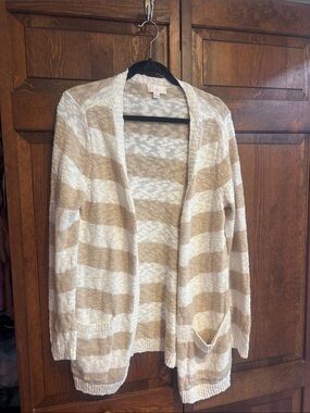Belle by Kim Gravel Striped Open-Front Cardigan in Beige & White